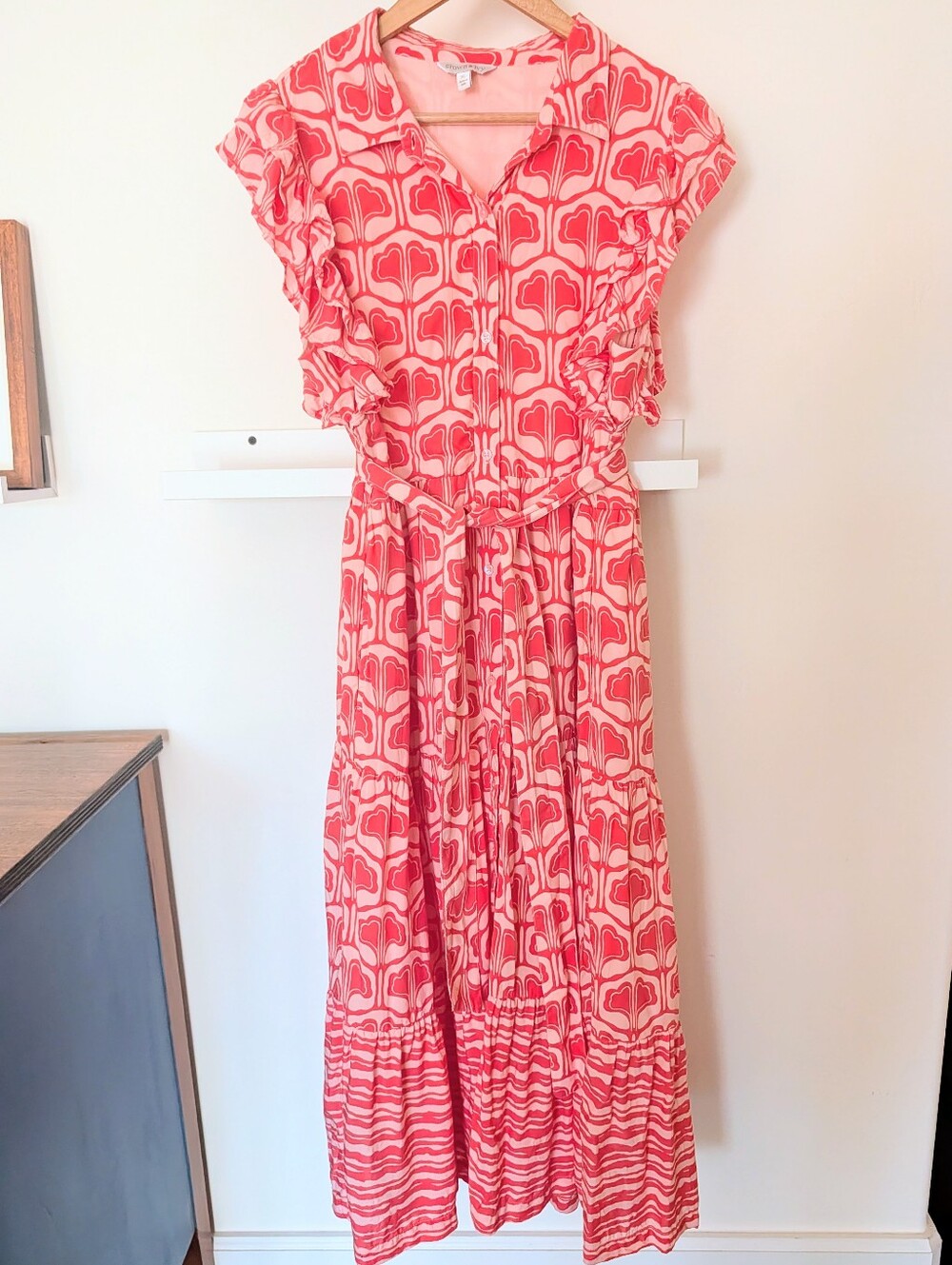 Crown & Ivy Belk Floral Gingko Print Maxi Shirtdress Tiered Pink Coral Womens XL
